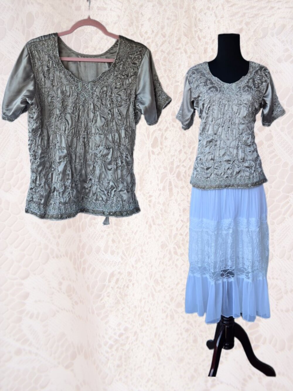 Vintage Style Silver Grey Embroidered Top Lace-up Fairycore Y2k-Style Cottage